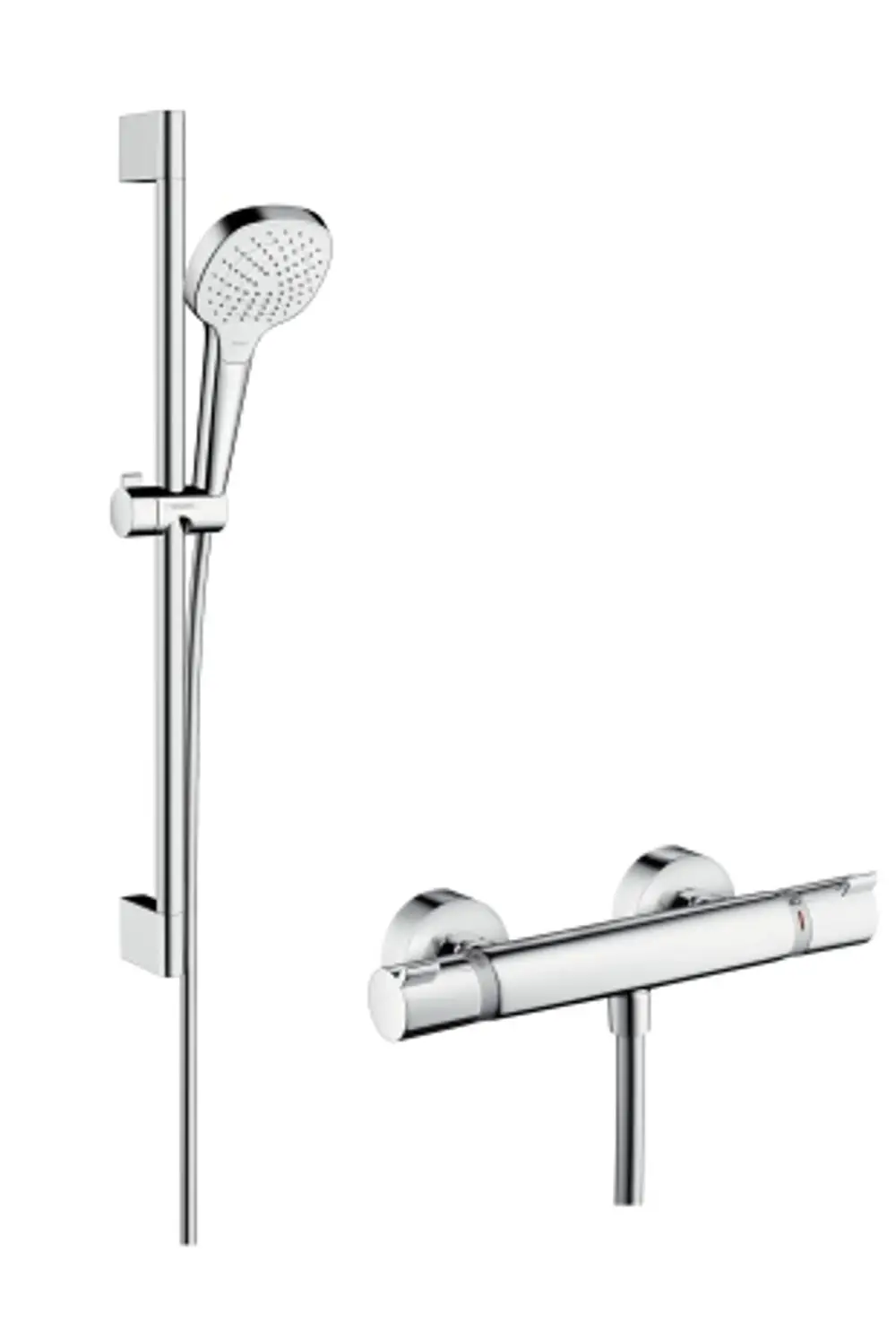 Brausesystem von Hansgrohe mit Handbrause, Brausestange und Thermostat. Metallisches Finish in Chrom. Montage an der Wand, das Design ist funktional und modern.